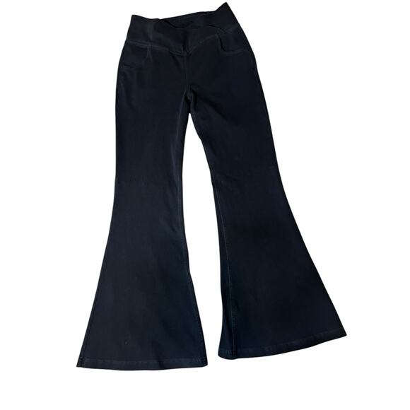 black Flare pull on Legging stretch  pants Criss Cross Waist Med Petite - Picture 1 of 5